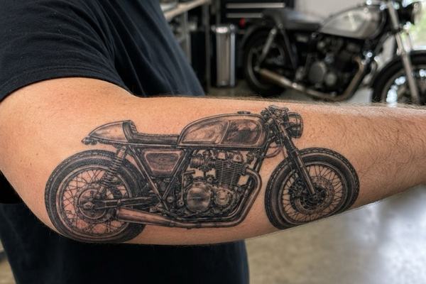 Tetování motocyklu z bočního pohledu na předloktí