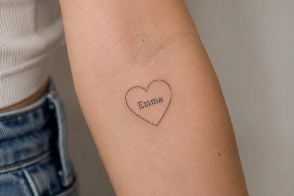 Minimalistické tetování jména „Emma“ uvnitř jemného obrysu srdce na vnitřní straně předloktí – příklad spojení jména se symbolem srdce v čistém, dobře čitelném písmu.