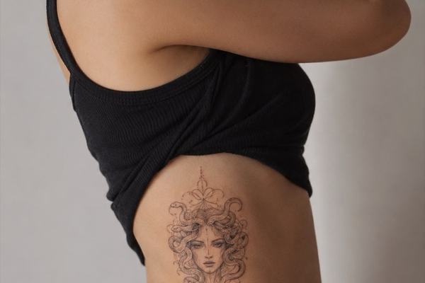 Medusa tattoo s klidným výrazem a ochranným významem