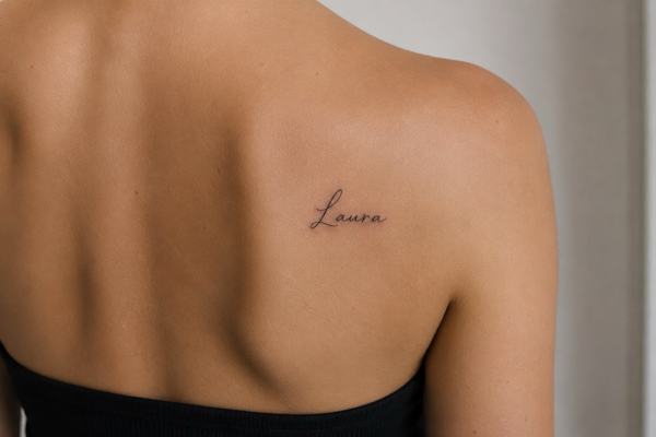 Jemné tetování jména „Laura“ v tenkém rukopisném písmu na horní části zad u lopatky – minimalistický a dobře čitelný jmenný motiv.