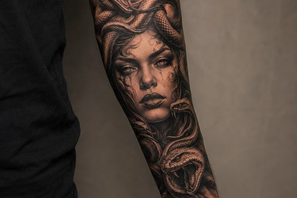 Dotwork tetování Medusa s jemnou texturou a hlubším kontrastem
