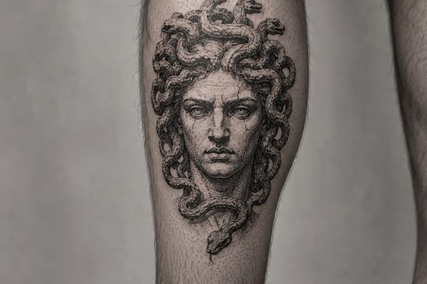 Detail hadů a pohledu v tetování Medusa Gorgona