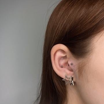 Detail ucha s tragus piercingem – malý, nenápadný labret v chrupavce před vstupem do zvukovodu; nad ním další drobný piercing, v lalůčku náušnice ve tvaru dvou hvězd.