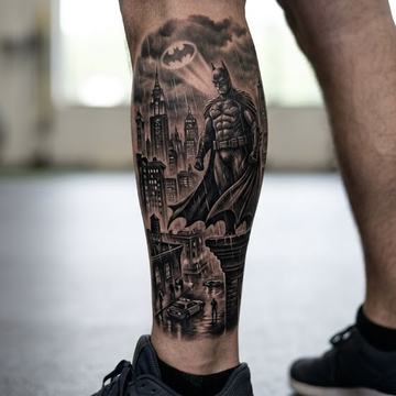 Vertikální pánské tetování na lýtku v černošedém realismu/blackwork – Batman stojící nad panoramatem města s bat‑signálem, kompozice sledující tvar svalu jako výrazný motiv na dolní noze.
