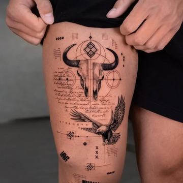 Tetování na stehně inspirované květinami a ornamenty