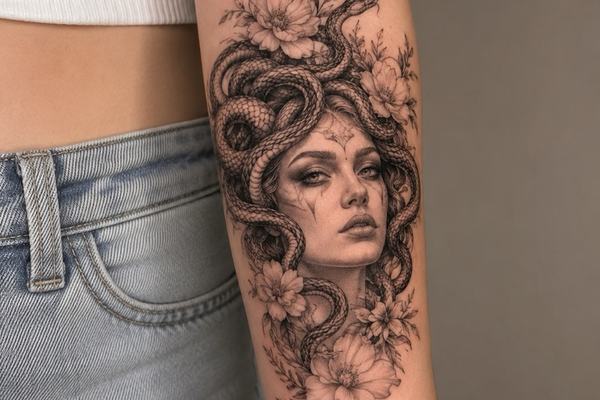 Jemné linework tetování Medusy s elegantním výrazem tváře