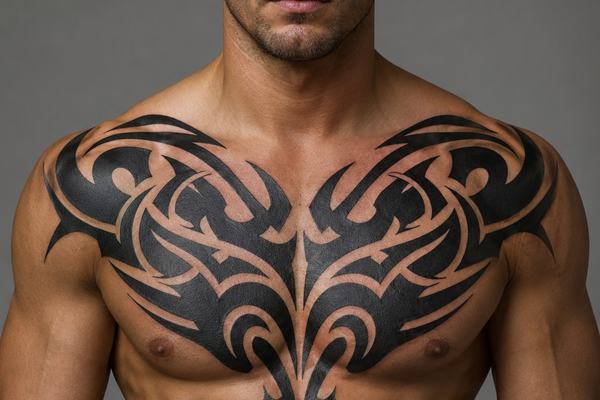 Černý motiv na krku v neo tribal stylu jako výrazný akcent