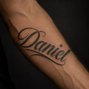 Výrazné černé kaligrafické tetování jména Daniel na vnitřní straně předloktí, s ozdobným podtažením a kontrastní tloušťkou tahů – příklad umístění jména na ruku.