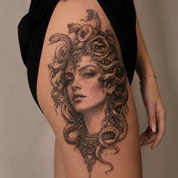 Tetování Medusa na předloktí jako výrazný motiv s hady