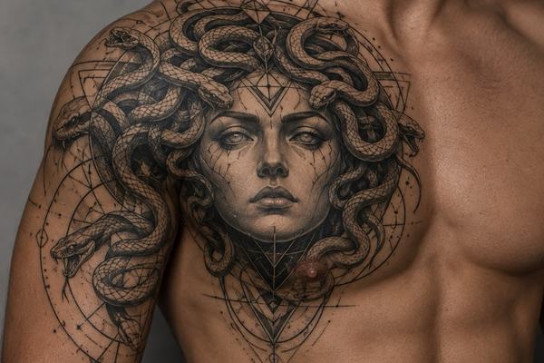 Medusa tattoo v blackwork stylu s tmavou a kontrastní kompozicí