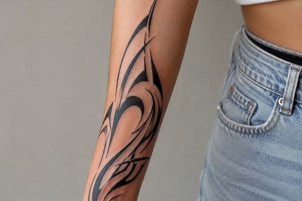 Asymetrické neo tribal tetování s důrazem na pohyb a siluetu