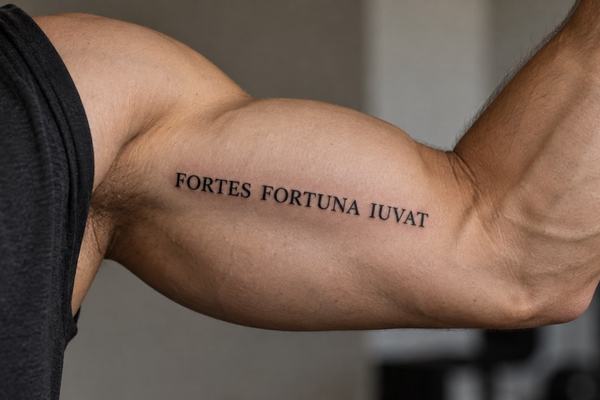 Tetovací nápis FORTES FORTUNA IUVAT, verzálkové patkové písmo, vytetovaný vodorovně podél bicepsu – příklad krátkého latinského motta s důrazem na čitelnost a vhodné umístění.