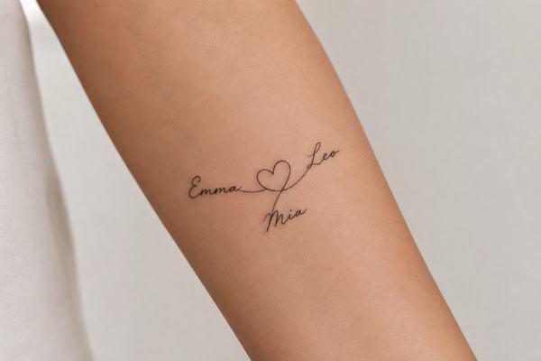 Jemné tetování tří jmen „Emma“, „Leo“ a „Mia“ v tenkém rukopisném písmu na vnitřní straně předloktí, propojená jednou linií se srdcem uprostřed.