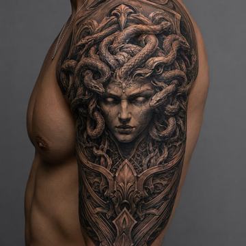 Realistické tetování Medusa Gorgona s detailním pohledem a stínováním